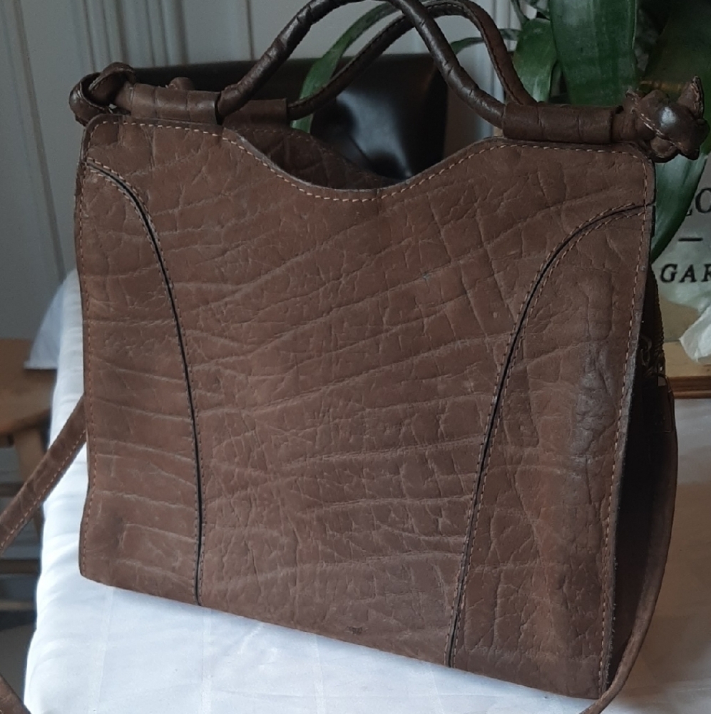 HOLT RENFREW Made In FRANCE Brown Suede Embossed Crocodile Handbag